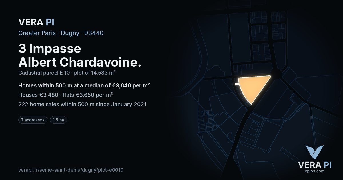 3 Impasse Albert Chardavoine, Dugny at night – the plot lit, the parcels around coloured by the prices near them