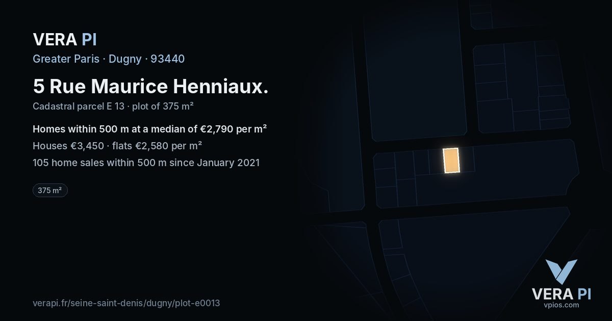 5 Rue Maurice Henniaux, Dugny at night – the plot lit, the parcels around coloured by the prices near them