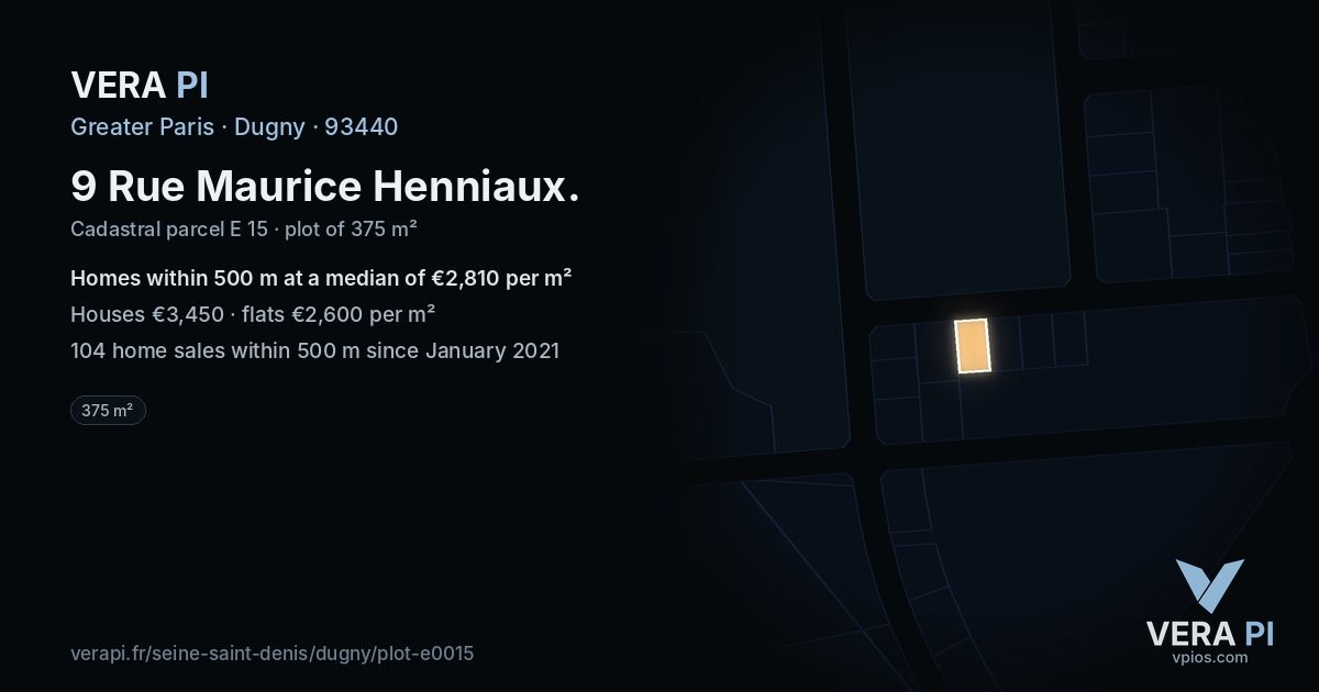 9 Rue Maurice Henniaux, Dugny at night – the plot lit, the parcels around coloured by the prices near them