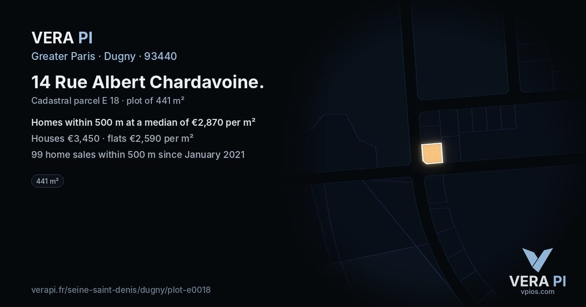 14 Rue Albert Chardavoine, Dugny at night – the plot lit, the parcels around coloured by the prices near them