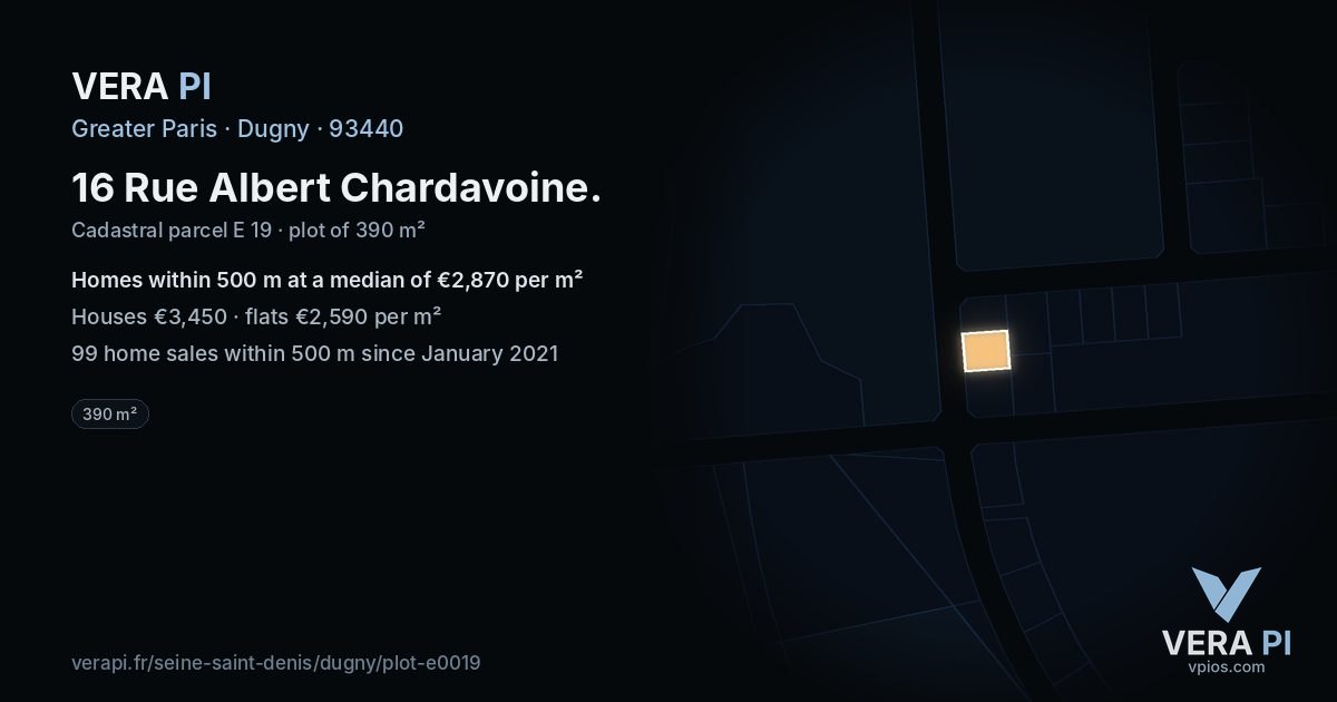 16 Rue Albert Chardavoine, Dugny at night – the plot lit, the parcels around coloured by the prices near them