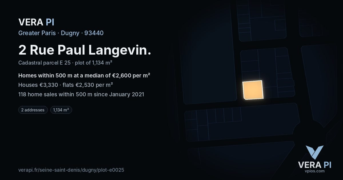 2 Rue Paul Langevin, Dugny at night – the plot lit, the parcels around coloured by the prices near them