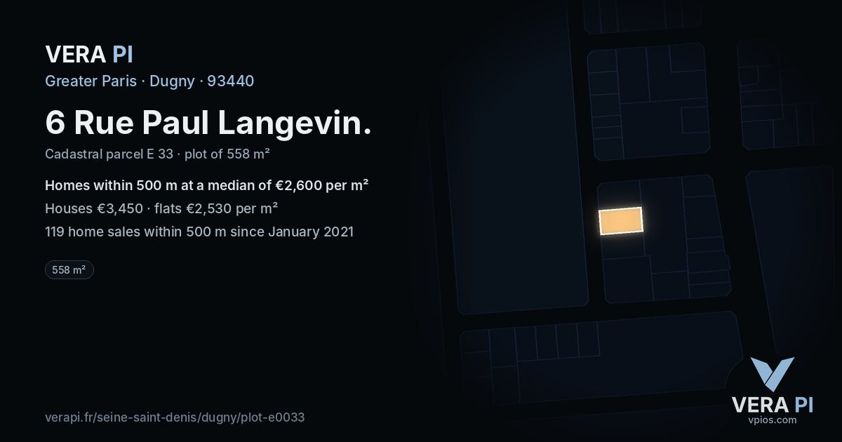 6 Rue Paul Langevin, Dugny at night – the plot lit, the parcels around coloured by the prices near them