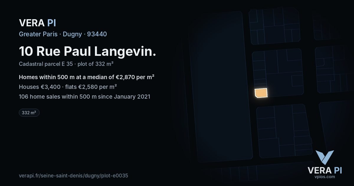 10 Rue Paul Langevin, Dugny at night – the plot lit, the parcels around coloured by the prices near them