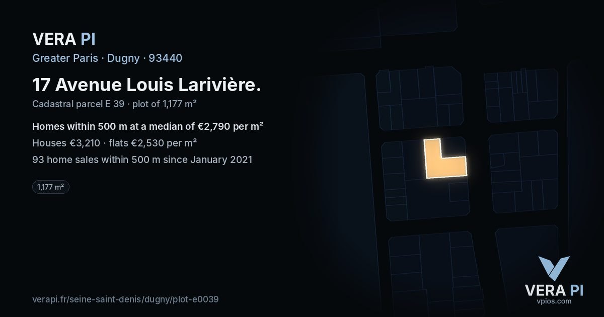 17 Avenue Louis Larivière, Dugny at night – the plot lit, the parcels around coloured by the prices near them