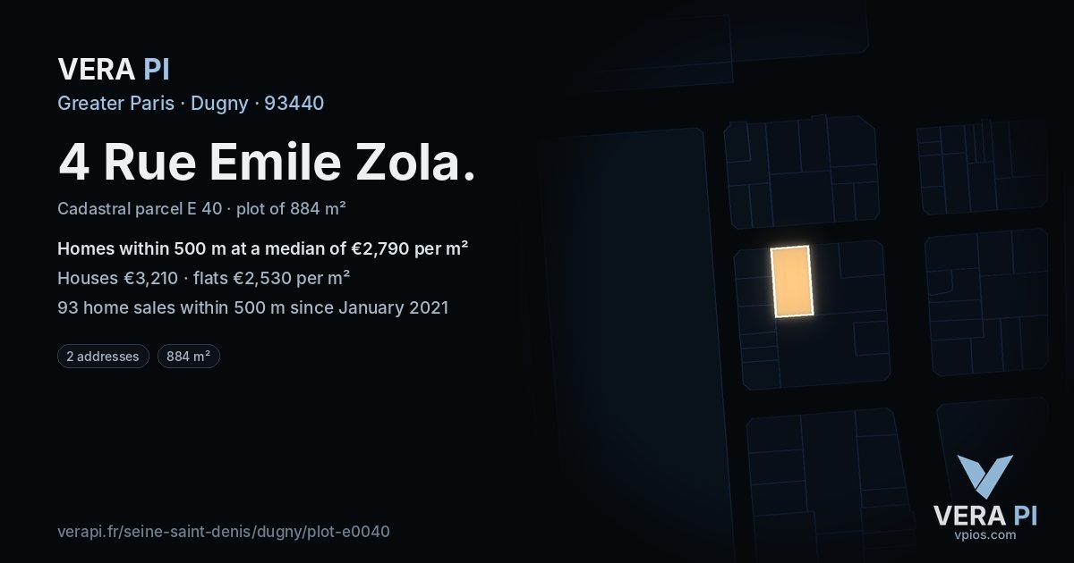4 Rue Emile Zola, Dugny at night – the plot lit, the parcels around coloured by the prices near them