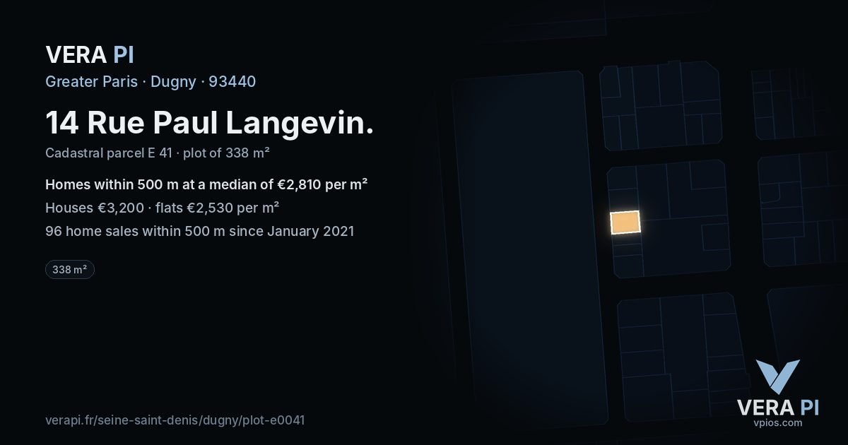 14 Rue Paul Langevin, Dugny at night – the plot lit, the parcels around coloured by the prices near them