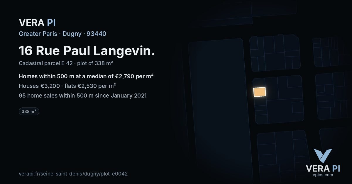 16 Rue Paul Langevin, Dugny at night – the plot lit, the parcels around coloured by the prices near them