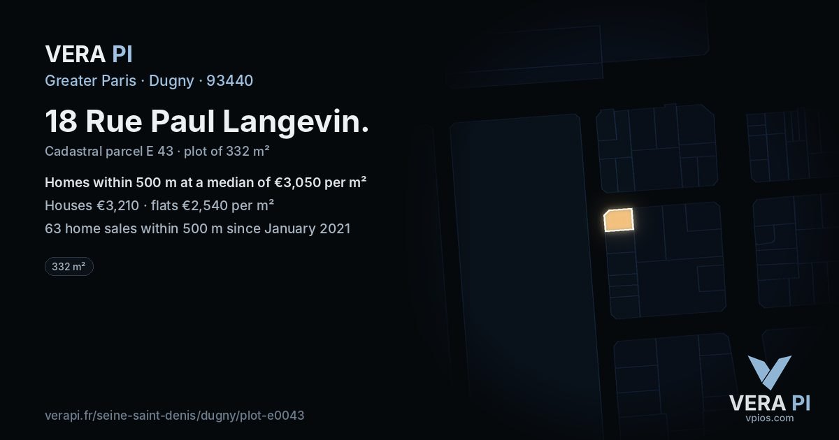 18 Rue Paul Langevin, Dugny at night – the plot lit, the parcels around coloured by the prices near them