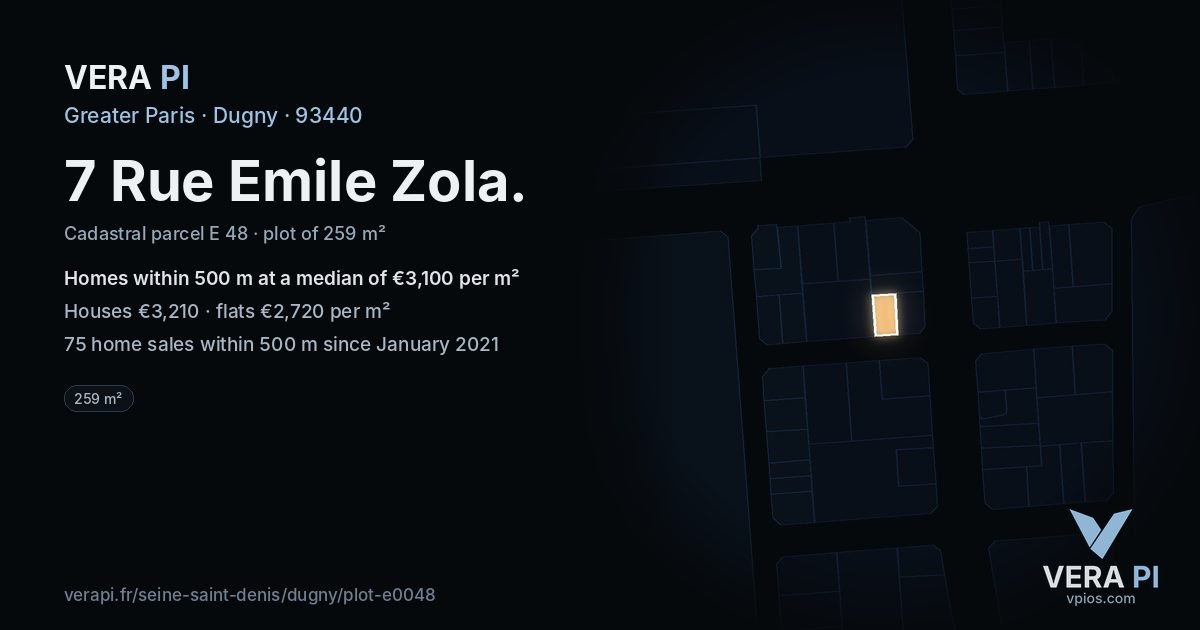 7 Rue Emile Zola, Dugny at night – the plot lit, the parcels around coloured by the prices near them