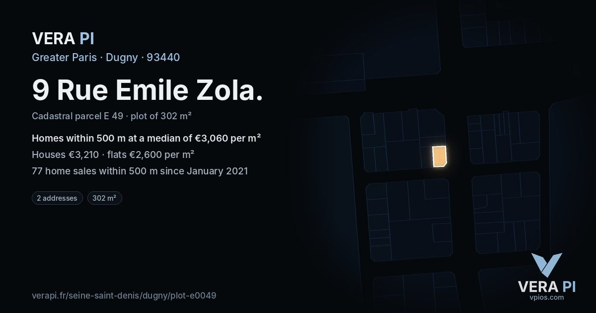 9 Rue Emile Zola, Dugny at night – the plot lit, the parcels around coloured by the prices near them