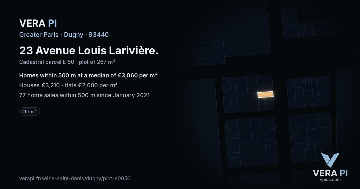 23 Avenue Louis Larivière, Dugny at night – the plot lit, the parcels around coloured by the prices near them
