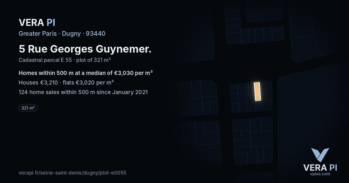 5 Rue Georges Guynemer, Dugny at night – the plot lit, the parcels around coloured by the prices near them
