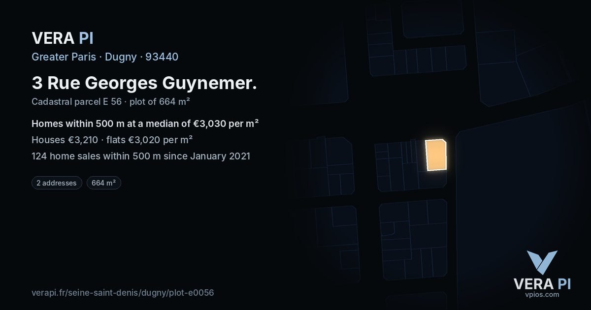 3 Rue Georges Guynemer, Dugny at night – the plot lit, the parcels around coloured by the prices near them