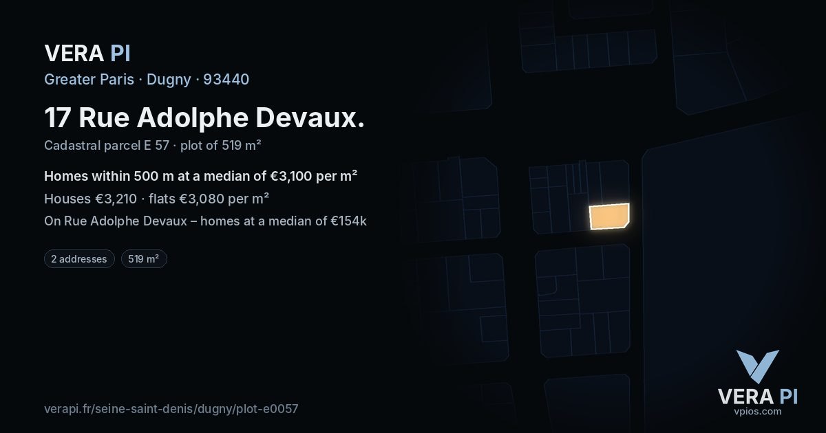 17 Rue Adolphe Devaux, Dugny at night – the plot lit, the parcels around coloured by the prices near them