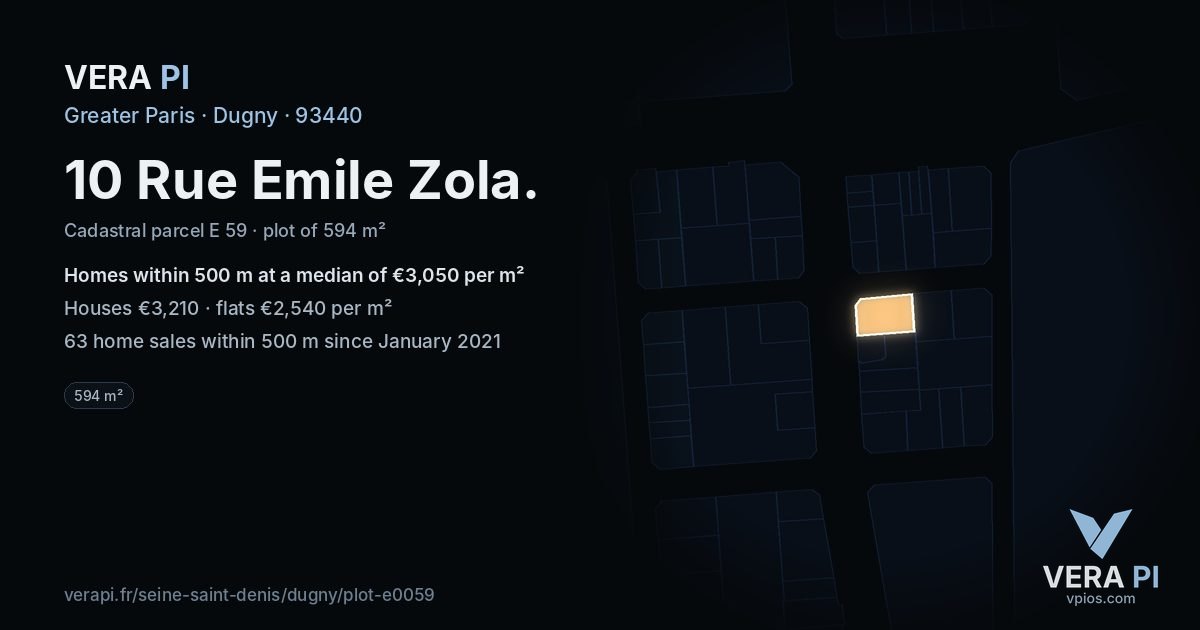10 Rue Emile Zola, Dugny at night – the plot lit, the parcels around coloured by the prices near them