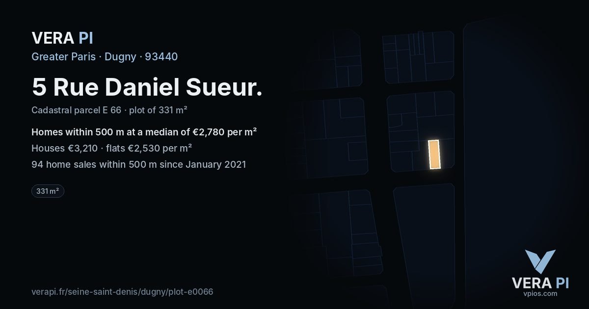 5 Rue Daniel Sueur, Dugny at night – the plot lit, the parcels around coloured by the prices near them