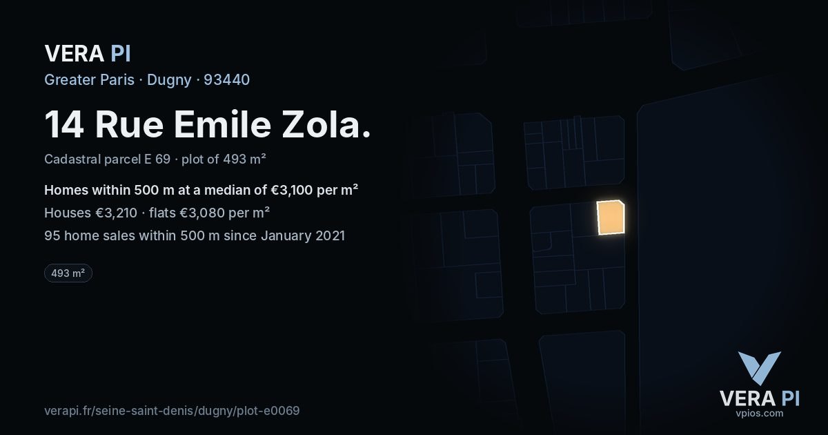 14 Rue Emile Zola, Dugny at night – the plot lit, the parcels around coloured by the prices near them