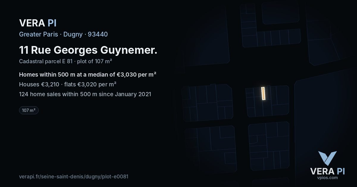 11 Rue Georges Guynemer, Dugny at night – the plot lit, the parcels around coloured by the prices near them