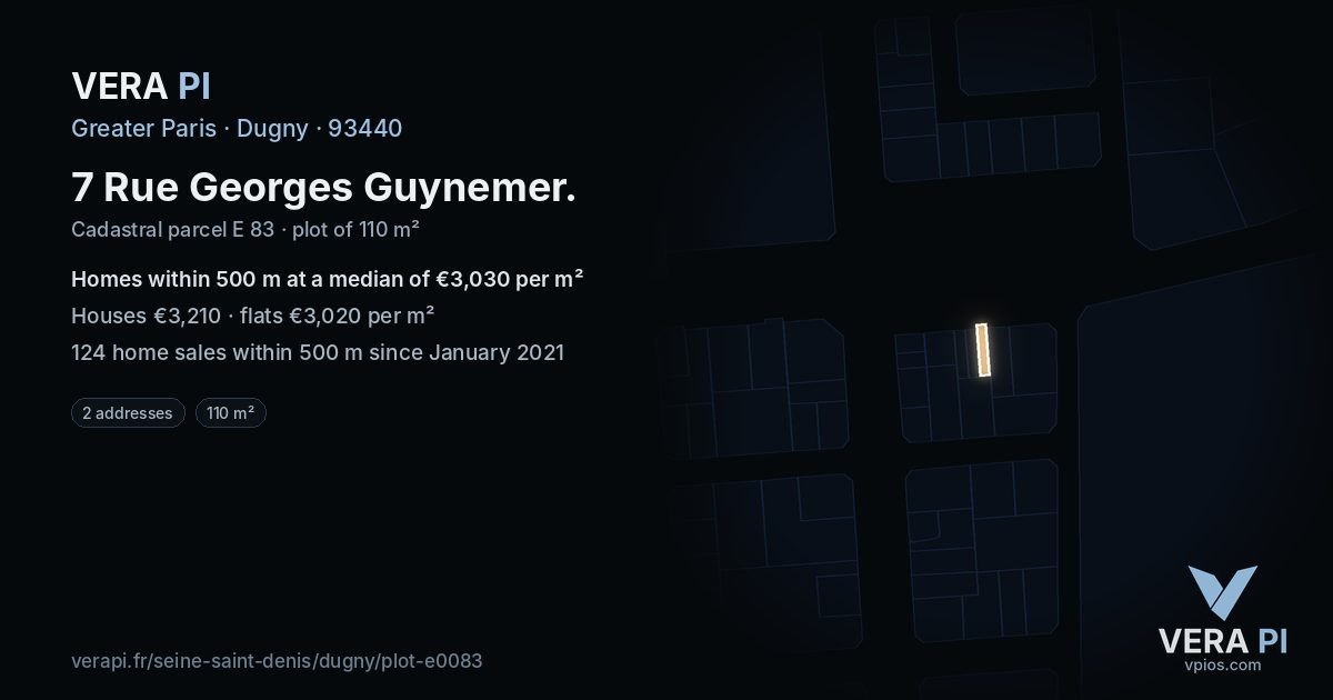 7 Rue Georges Guynemer, Dugny at night – the plot lit, the parcels around coloured by the prices near them