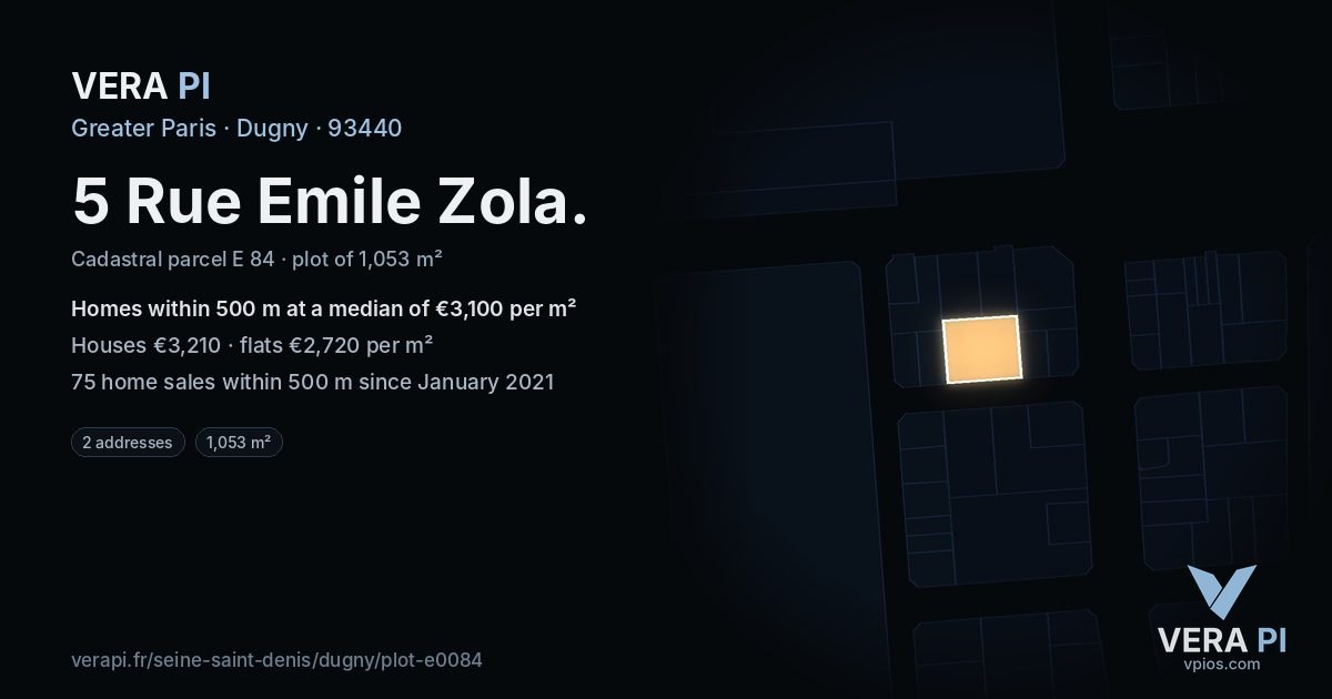 5 Rue Emile Zola, Dugny at night – the plot lit, the parcels around coloured by the prices near them