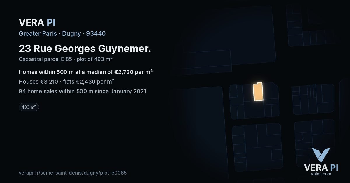 23 Rue Georges Guynemer, Dugny at night – the plot lit, the parcels around coloured by the prices near them