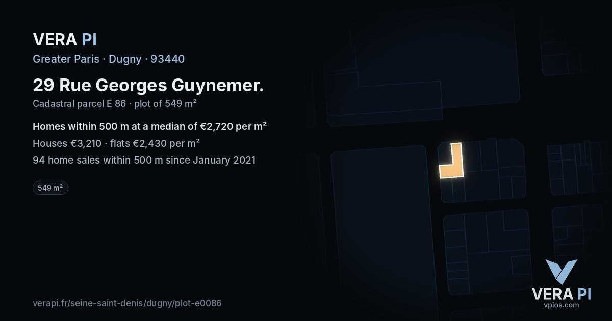 29 Rue Georges Guynemer, Dugny at night – the plot lit, the parcels around coloured by the prices near them