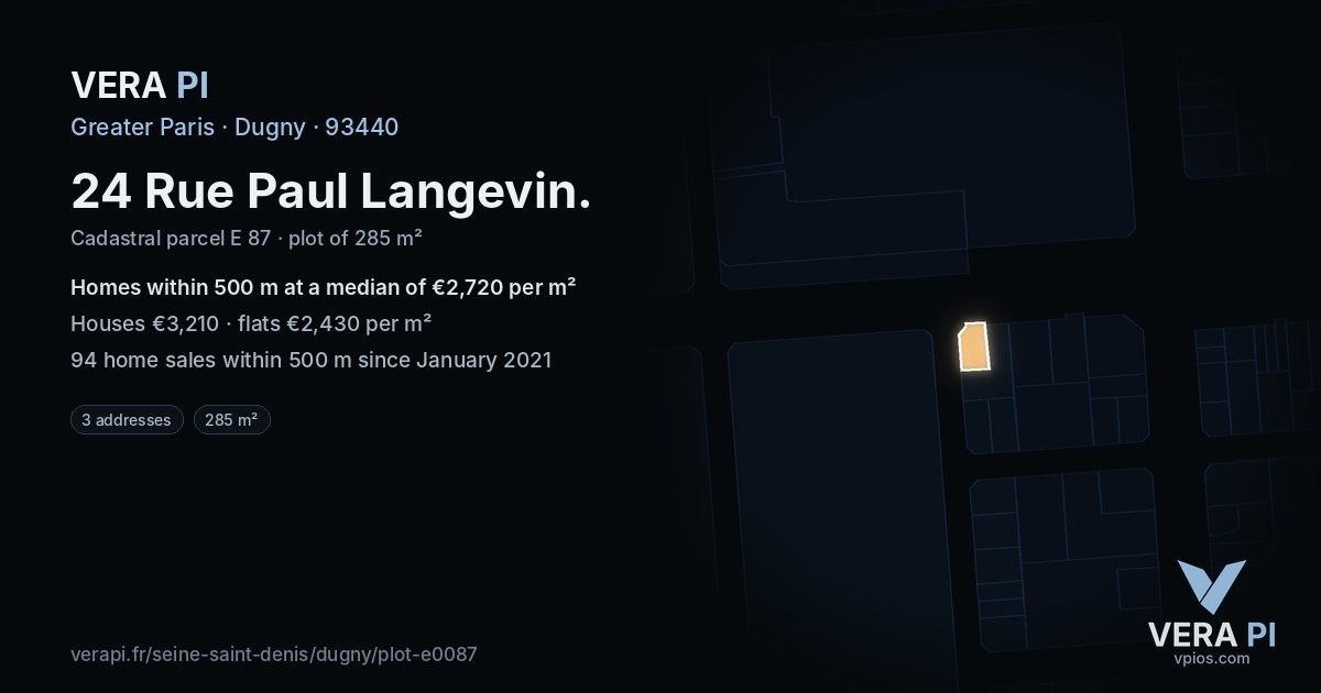 24 Rue Paul Langevin, Dugny at night – the plot lit, the parcels around coloured by the prices near them