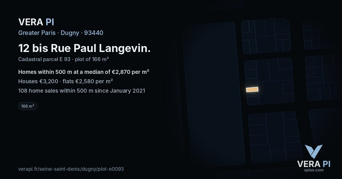 12 bis Rue Paul Langevin, Dugny at night – the plot lit, the parcels around coloured by the prices near them