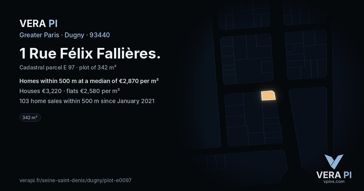 1 Rue Félix Fallières, Dugny at night – the plot lit, the parcels around coloured by the prices near them