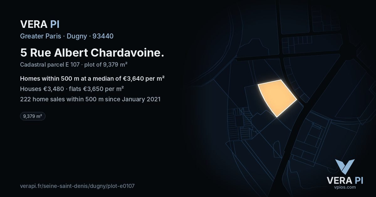 5 Rue Albert Chardavoine, Dugny at night – the plot lit, the parcels around coloured by the prices near them