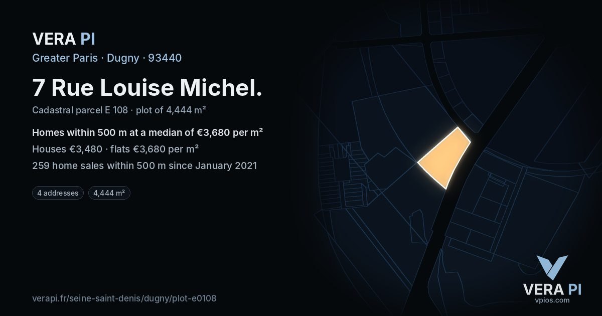 7 Rue Louise Michel, Dugny at night – the plot lit, the parcels around coloured by the prices near them