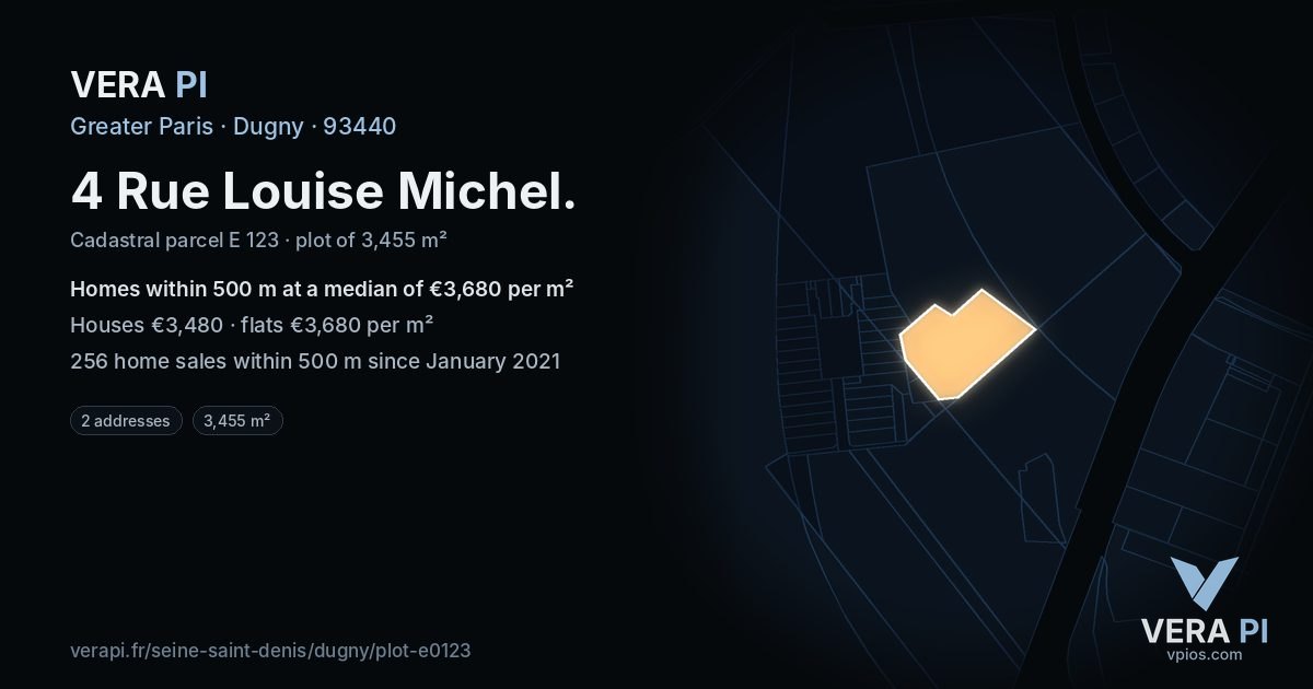 4 Rue Louise Michel, Dugny at night – the plot lit, the parcels around coloured by the prices near them