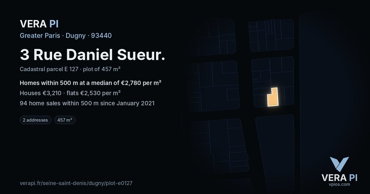 3 Rue Daniel Sueur, Dugny at night – the plot lit, the parcels around coloured by the prices near them