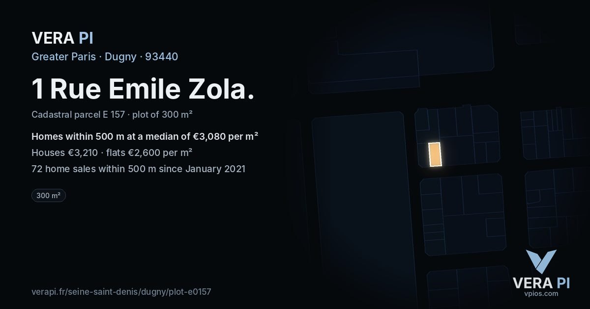 1 Rue Emile Zola, Dugny at night – the plot lit, the parcels around coloured by the prices near them