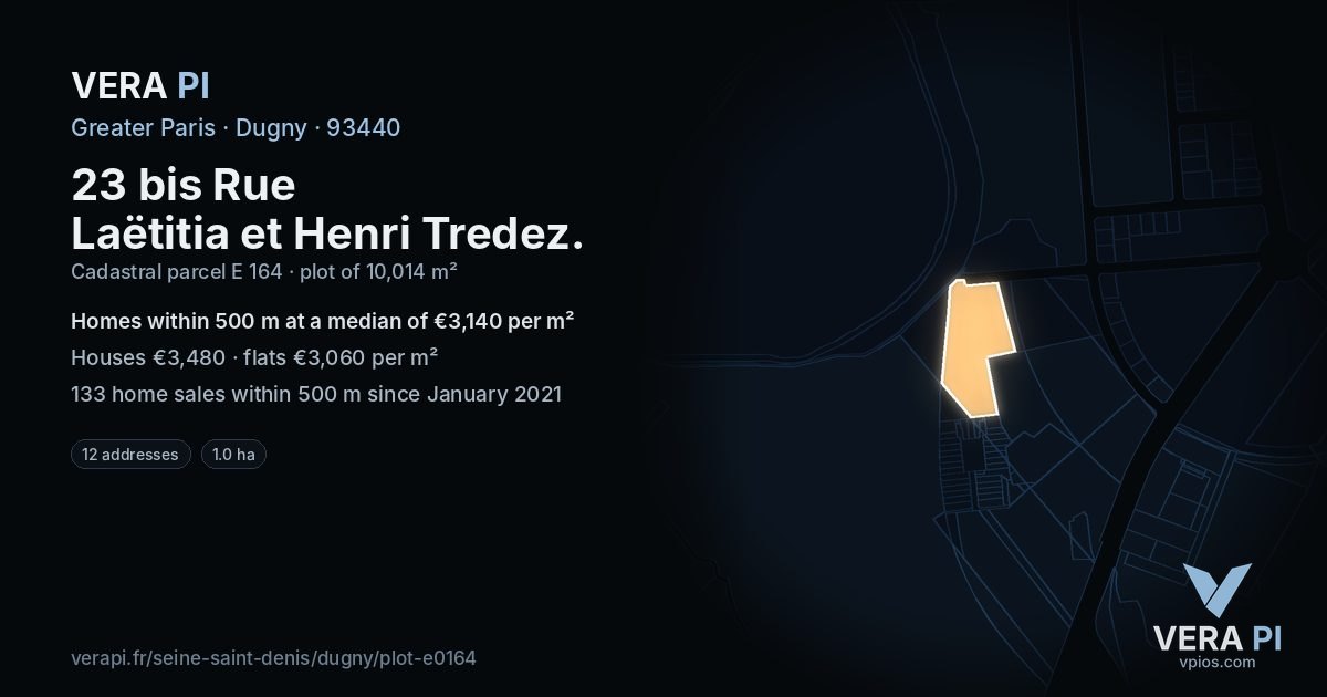 23 bis Rue Laëtitia et Henri Tredez, Dugny at night – the plot lit, the parcels around coloured by the prices near them