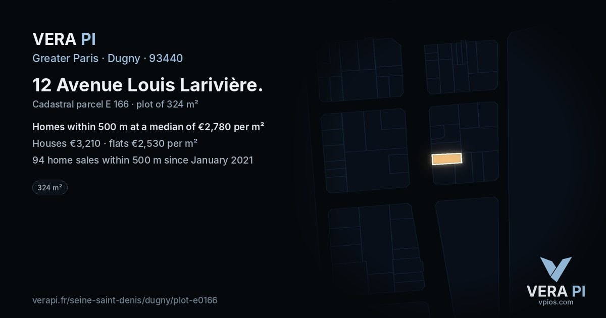 12 Avenue Louis Larivière, Dugny at night – the plot lit, the parcels around coloured by the prices near them