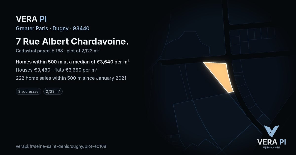 7 Rue Albert Chardavoine, Dugny at night – the plot lit, the parcels around coloured by the prices near them