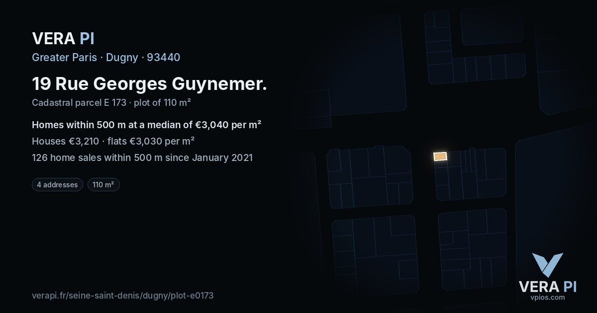 19 Rue Georges Guynemer, Dugny at night – the plot lit, the parcels around coloured by the prices near them