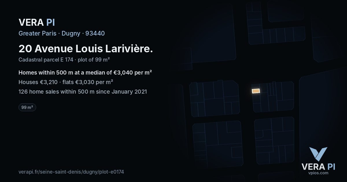 20 Avenue Louis Larivière, Dugny at night – the plot lit, the parcels around coloured by the prices near them