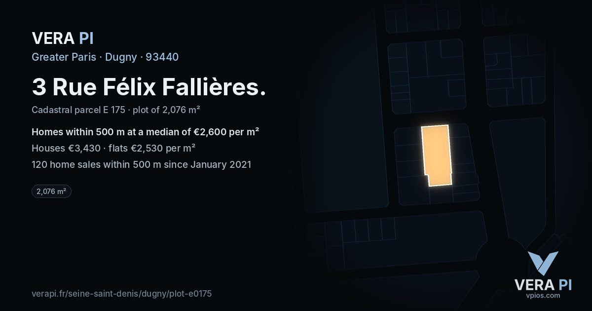 3 Rue Félix Fallières, Dugny at night – the plot lit, the parcels around coloured by the prices near them