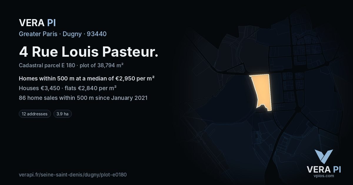 4 Rue Louis Pasteur, Dugny at night – the plot lit, the parcels around coloured by the prices near them