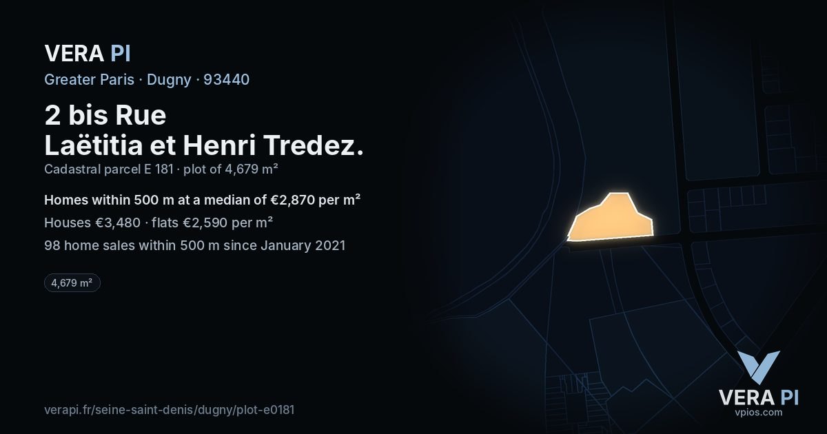 2 bis Rue Laëtitia et Henri Tredez, Dugny at night – the plot lit, the parcels around coloured by the prices near them