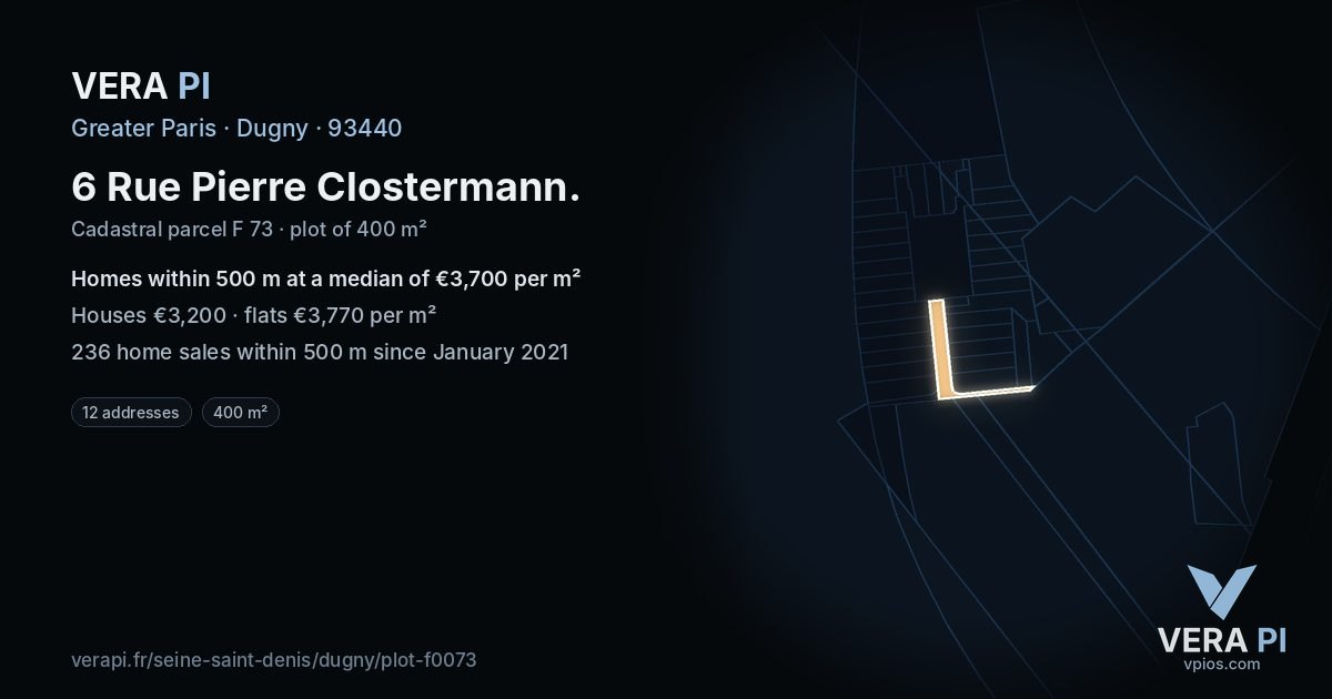 6 Rue Pierre Clostermann, Dugny at night – the plot lit, the parcels around coloured by the prices near them