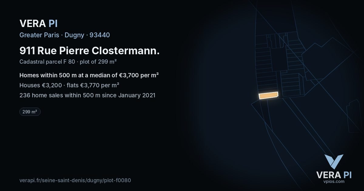 911 Rue Pierre Clostermann, Dugny at night – the plot lit, the parcels around coloured by the prices near them