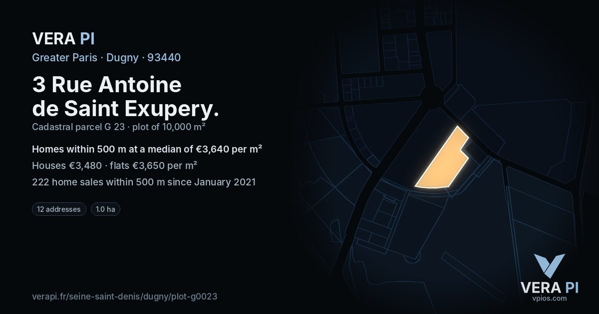 3 Rue Antoine de Saint Exupery, Dugny at night – the plot lit, the parcels around coloured by the prices near them