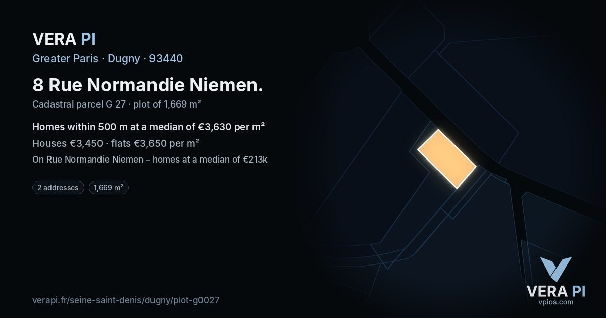 8 Rue Normandie Niemen, Dugny at night – the plot lit, the parcels around coloured by the prices near them