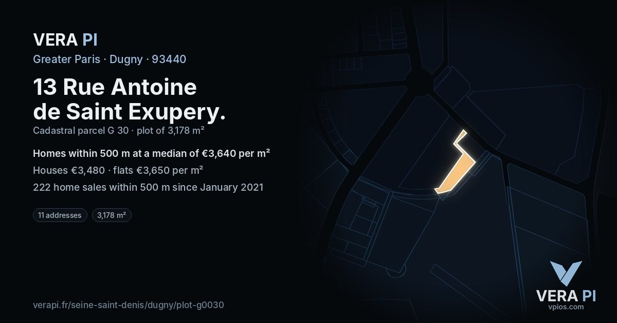 13 Rue Antoine de Saint Exupery, Dugny at night – the plot lit, the parcels around coloured by the prices near them