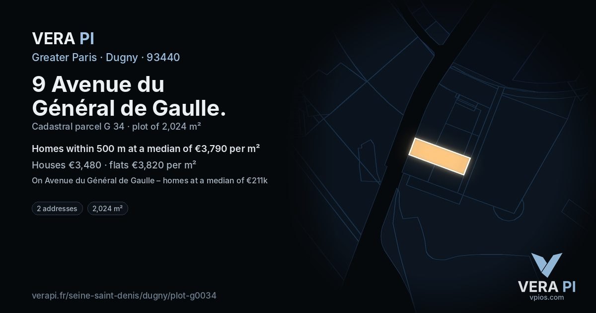 9 Avenue du Général de Gaulle, Dugny at night – the plot lit, the parcels around coloured by the prices near them