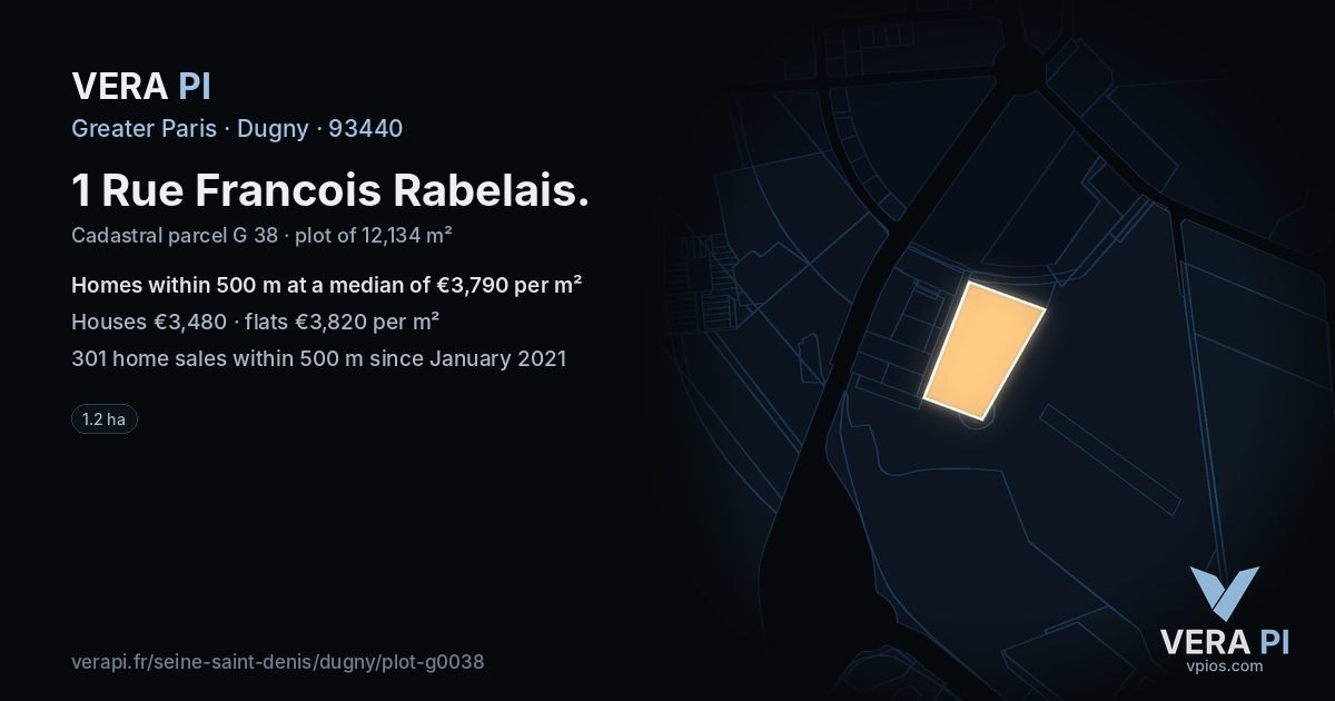 1 Rue Francois Rabelais, Dugny at night – the plot lit, the parcels around coloured by the prices near them